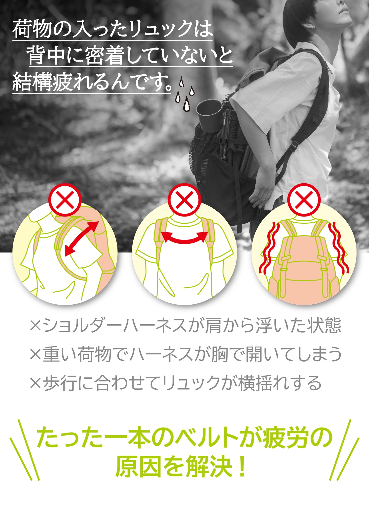 フィットして軽快!リュックの重さ軽減 アンチローリング チェストベルト 動き易く快適に!